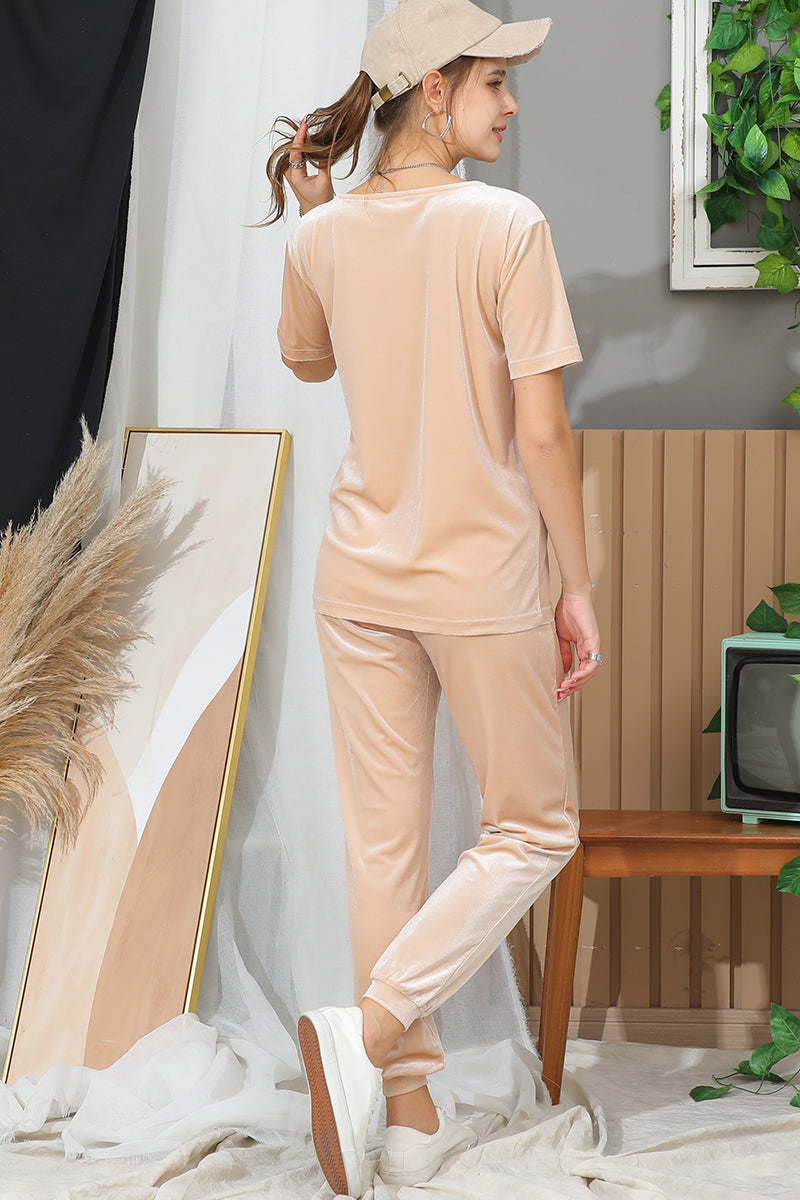 SHORT SLEEVE ROUND NECK VELVET CASUAL TUNIC TOP