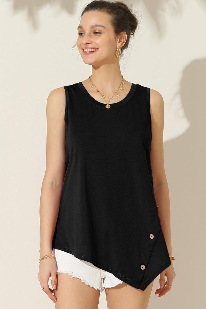 U NECK BOTTON SIDE BUTTON UP SLEEVELESS TOP - Doublju