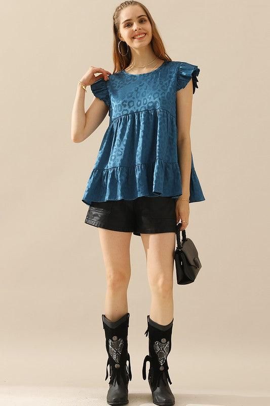 FRILL SLEEVE PATTERNED JACQUARD TUNIC TOP - Doublju