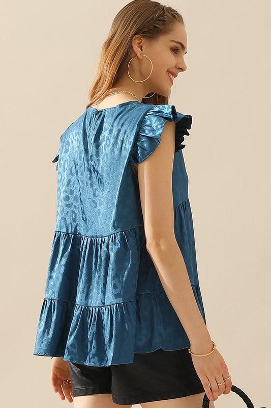 FRILL SLEEVE PATTERNED JACQUARD TUNIC TOP - Doublju