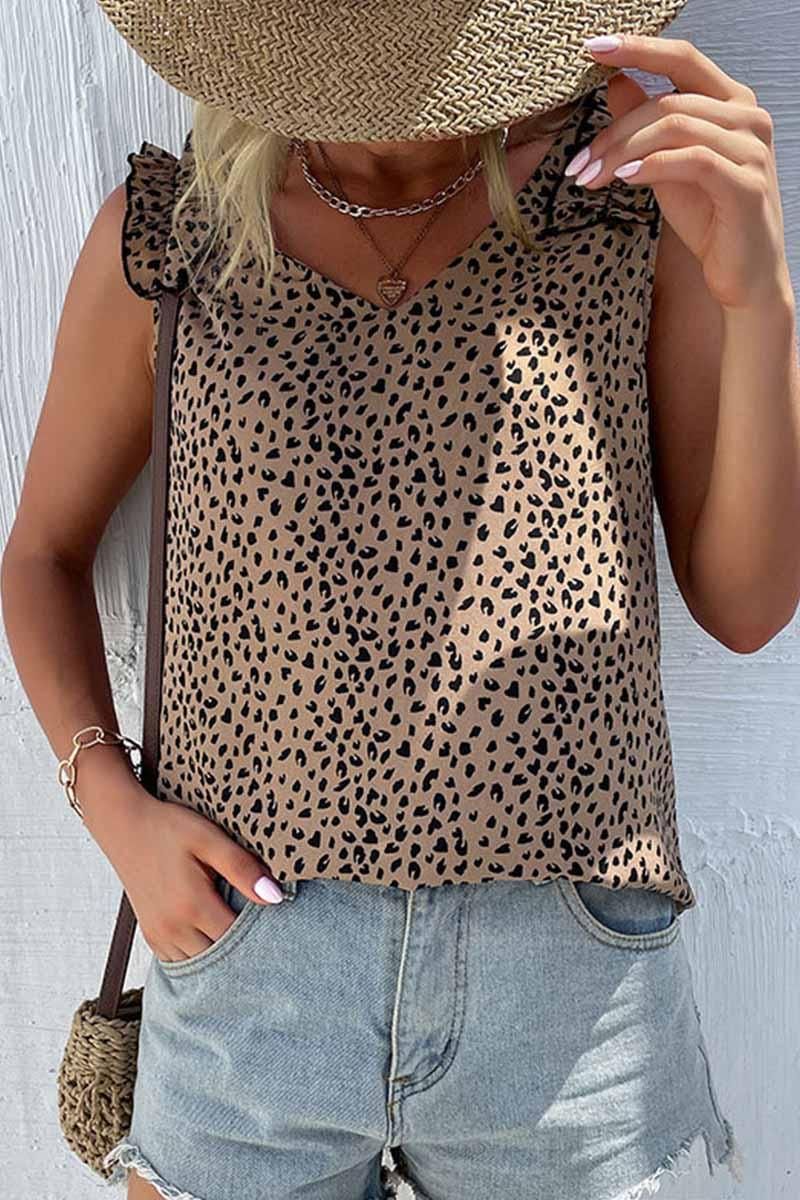 LEOPARD FRILL LACE SHOULDER SLEEVELESS TUNIC TOP - Doublju
