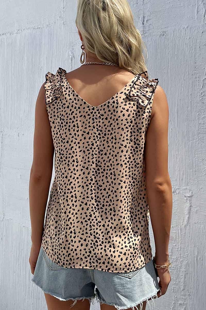 LEOPARD FRILL LACE SHOULDER SLEEVELESS TUNIC TOP - Doublju