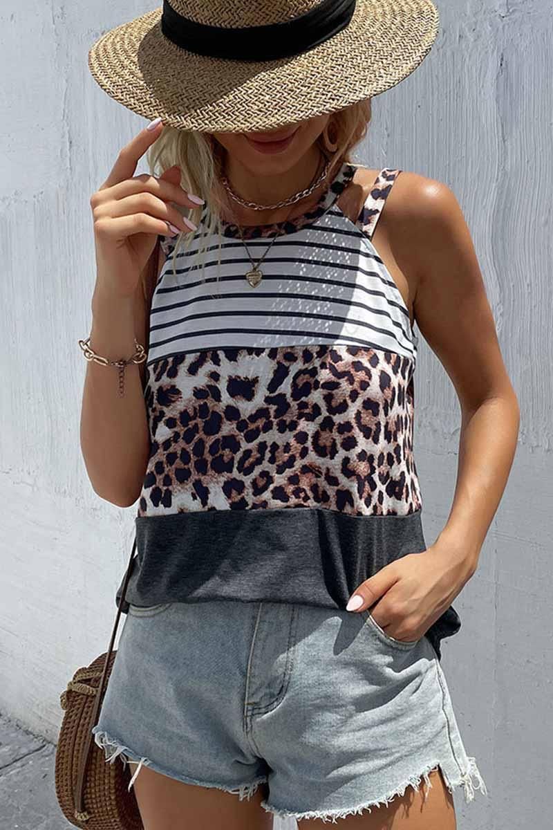 DOUBLE STRAP HALTER NECK BORDER PATTERN TEE - Doublju