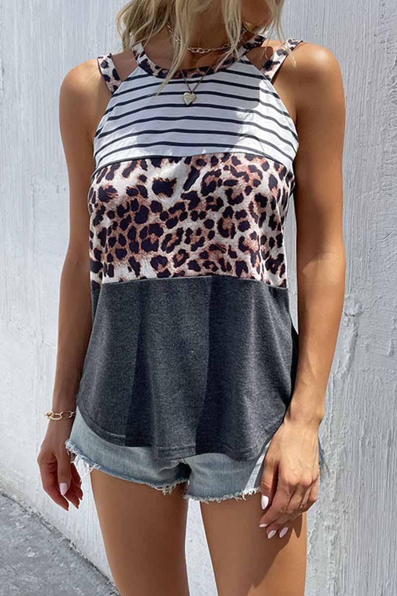 DOUBLE STRAP HALTER NECK BORDER PATTERN TEE - Doublju