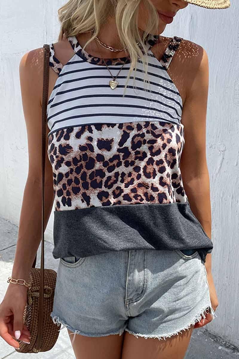 DOUBLE STRAP HALTER NECK BORDER PATTERN TEE - Doublju