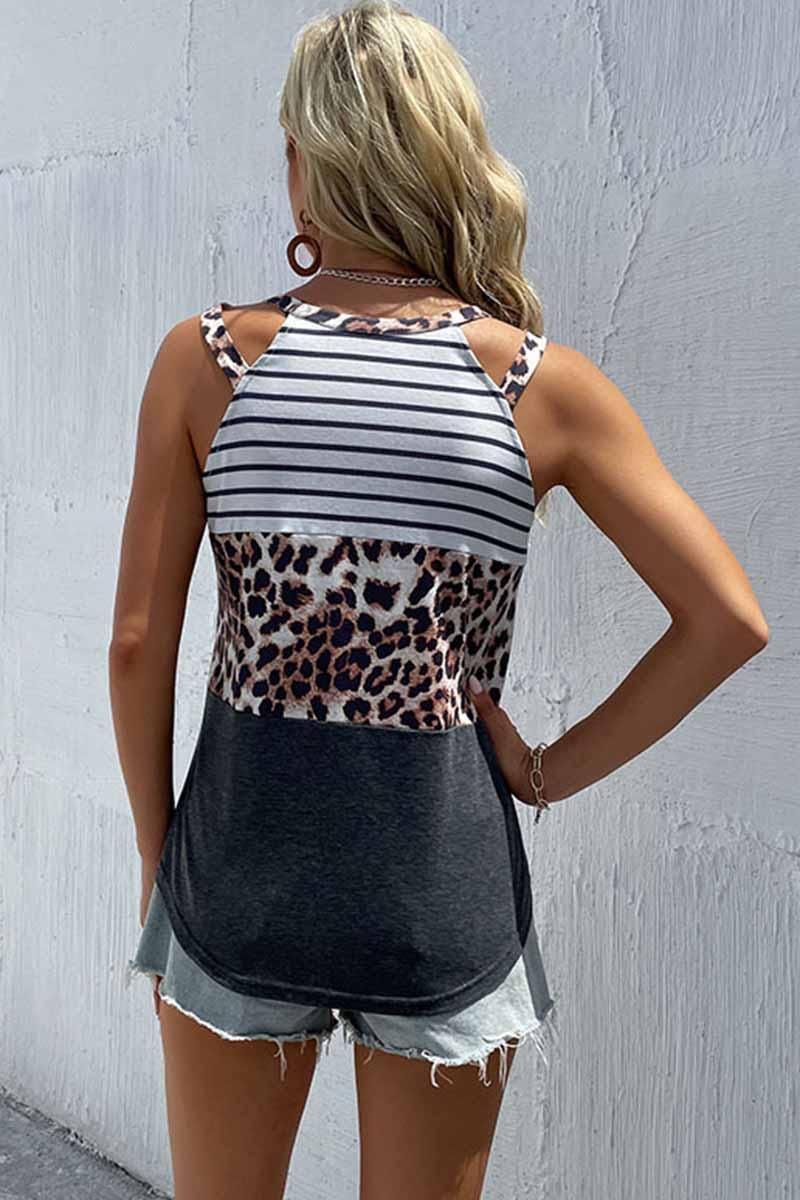 DOUBLE STRAP HALTER NECK BORDER PATTERN TEE - Doublju