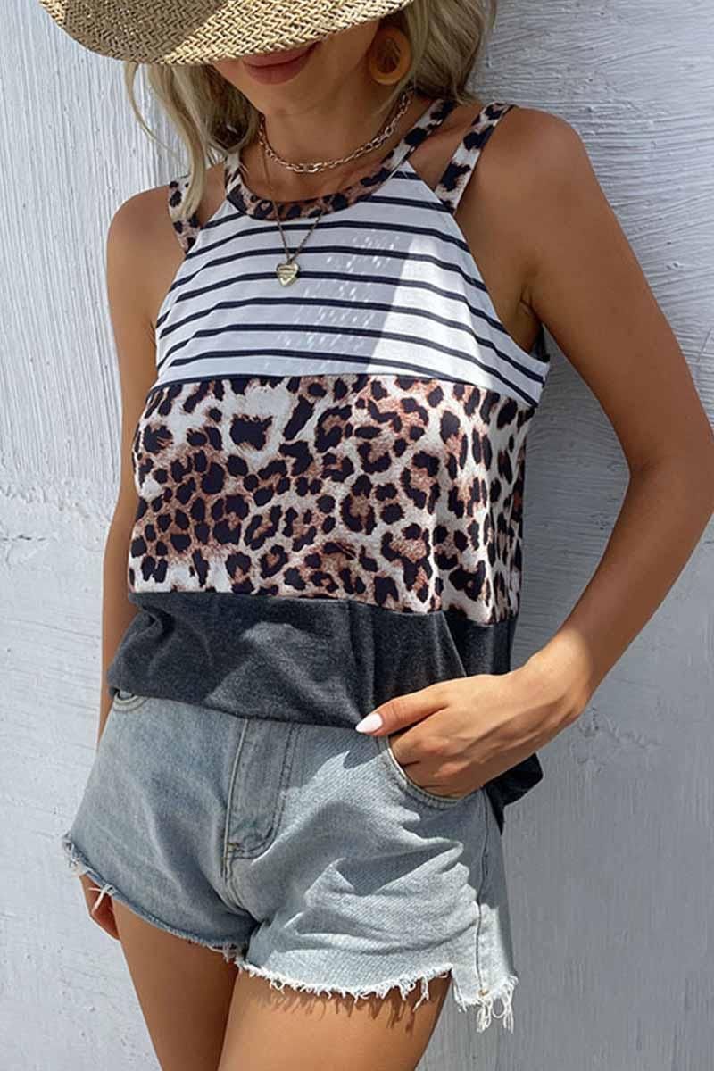 DOUBLE STRAP HALTER NECK BORDER PATTERN TEE - Doublju