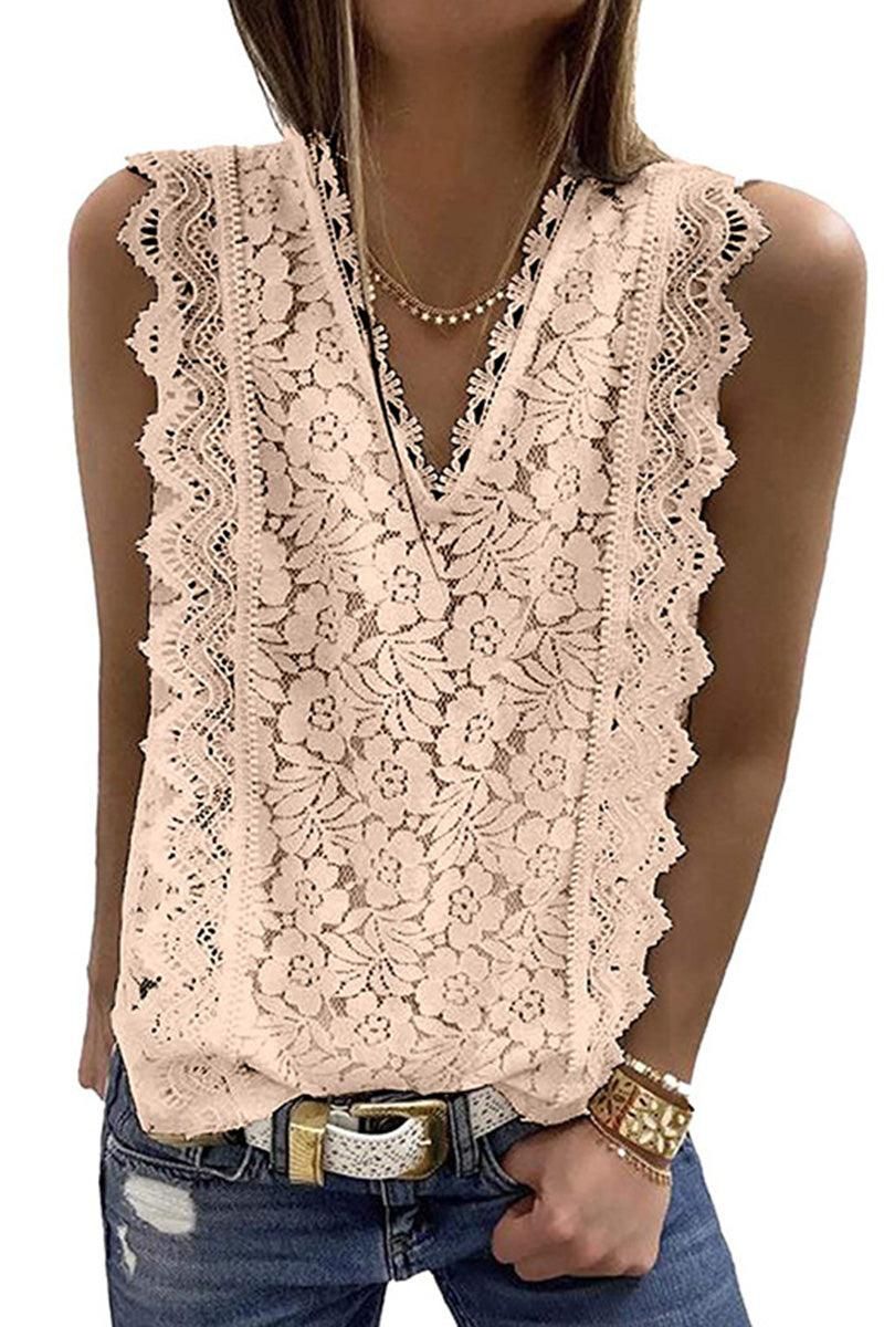 V NECK FLORAL LACE MESH SLEEVELESS TOP - Doublju