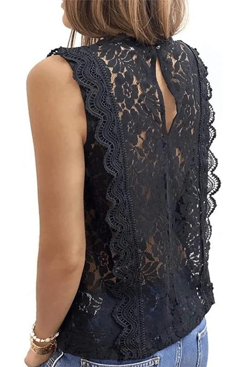 V NECK FLORAL LACE MESH SLEEVELESS TOP - Doublju