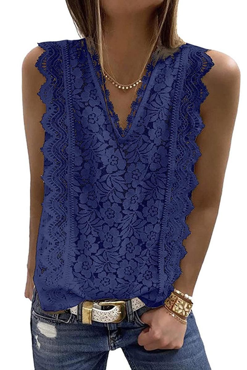 V NECK FLORAL LACE MESH SLEEVELESS TOP - Doublju