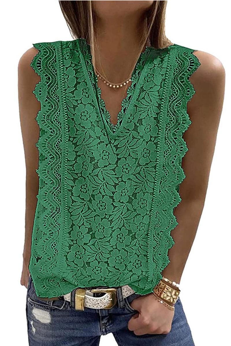 V NECK FLORAL LACE MESH SLEEVELESS TOP - Doublju