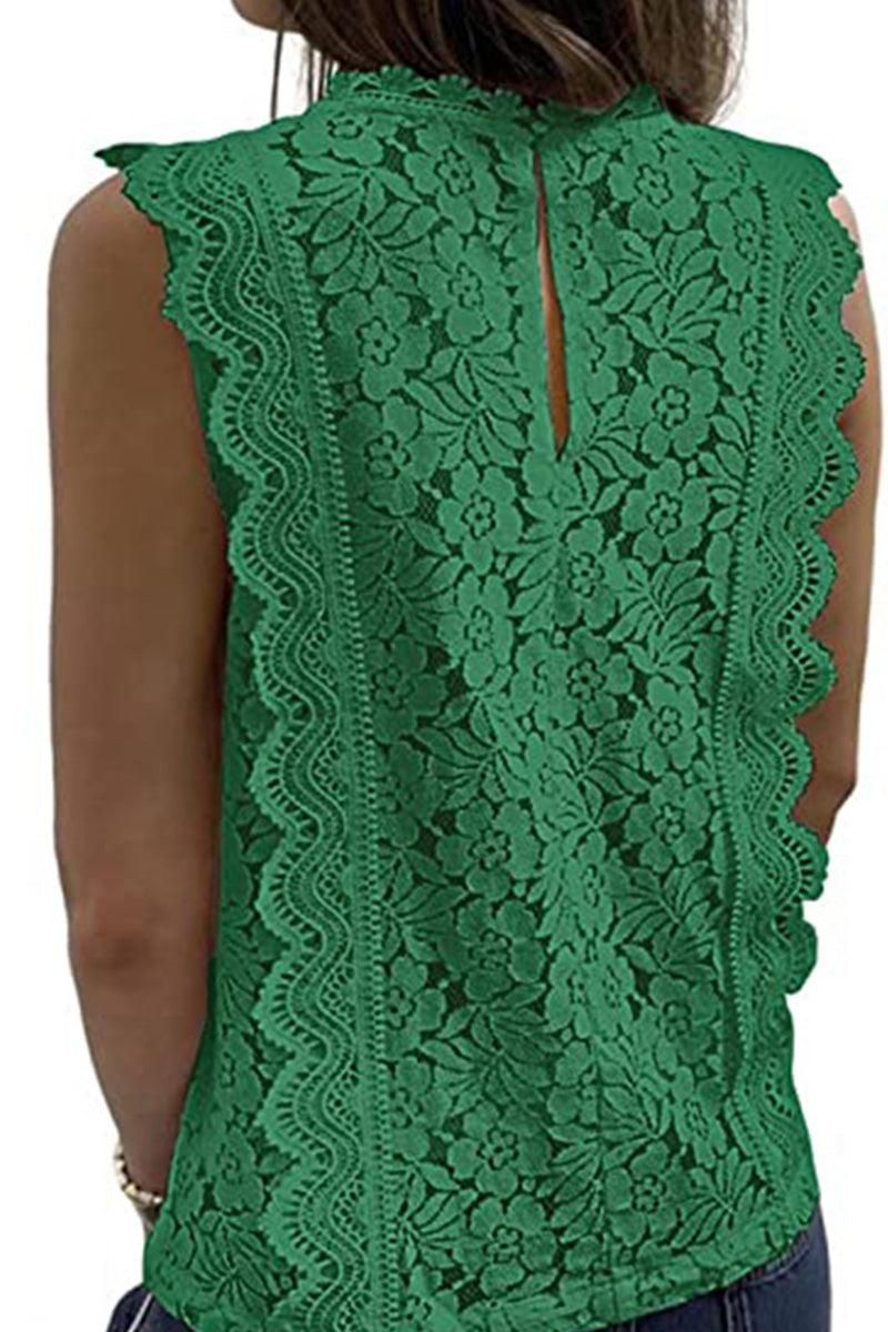 V NECK FLORAL LACE MESH SLEEVELESS TOP - Doublju