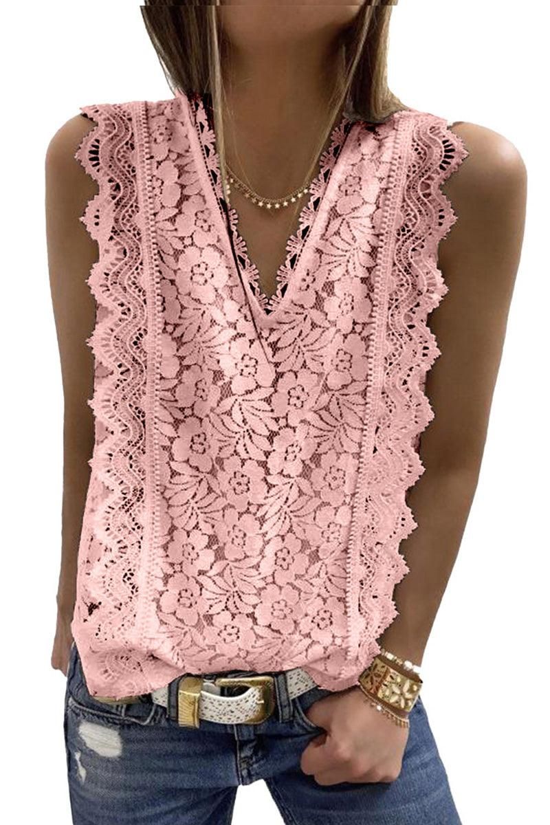 V NECK FLORAL LACE MESH SLEEVELESS TOP - Doublju