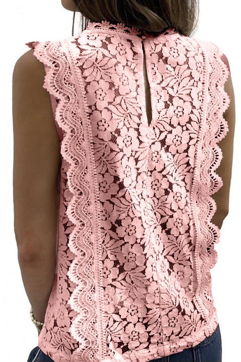 V NECK FLORAL LACE MESH SLEEVELESS TOP - Doublju