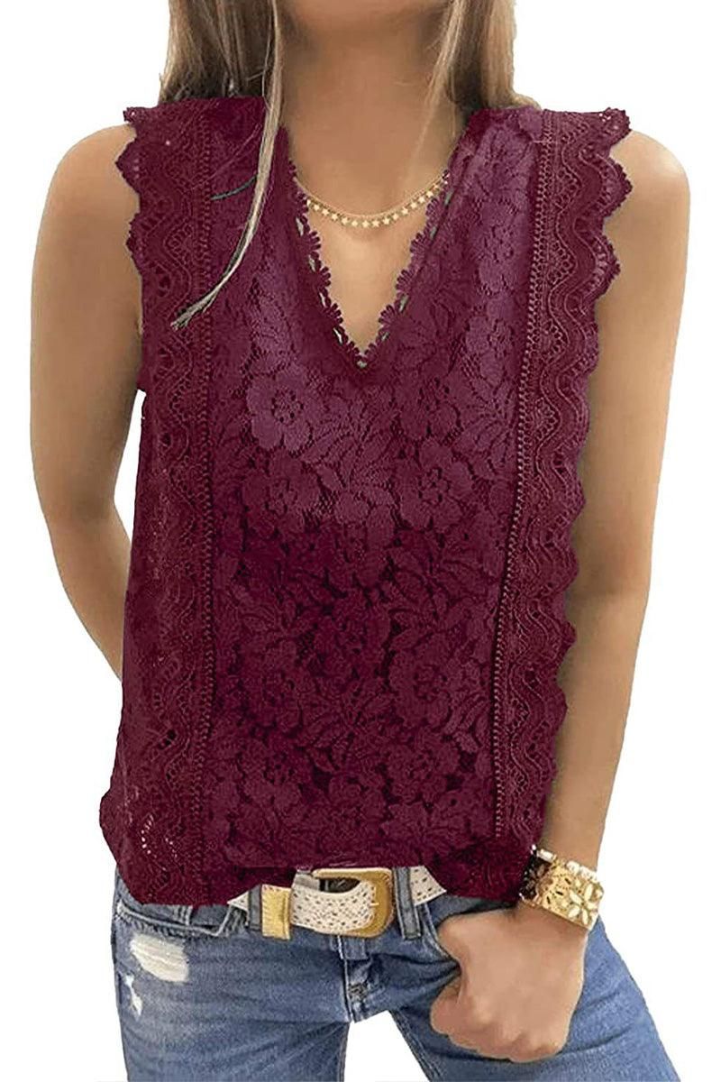 V NECK FLORAL LACE MESH SLEEVELESS TOP - Doublju