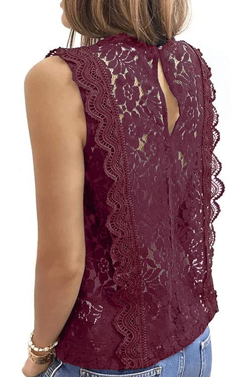 V NECK FLORAL LACE MESH SLEEVELESS TOP - Doublju
