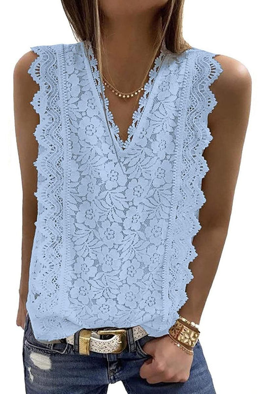V NECK FLORAL LACE MESH SLEEVELESS TOP - Doublju