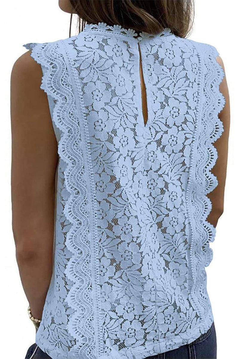 V NECK FLORAL LACE MESH SLEEVELESS TOP - Doublju