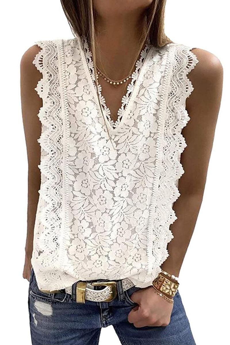 V NECK FLORAL LACE MESH SLEEVELESS TOP - Doublju