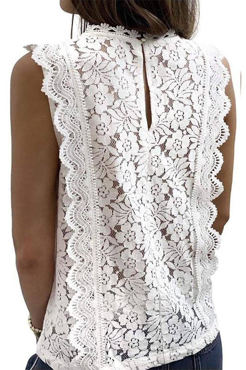 V NECK FLORAL LACE MESH SLEEVELESS TOP - Doublju