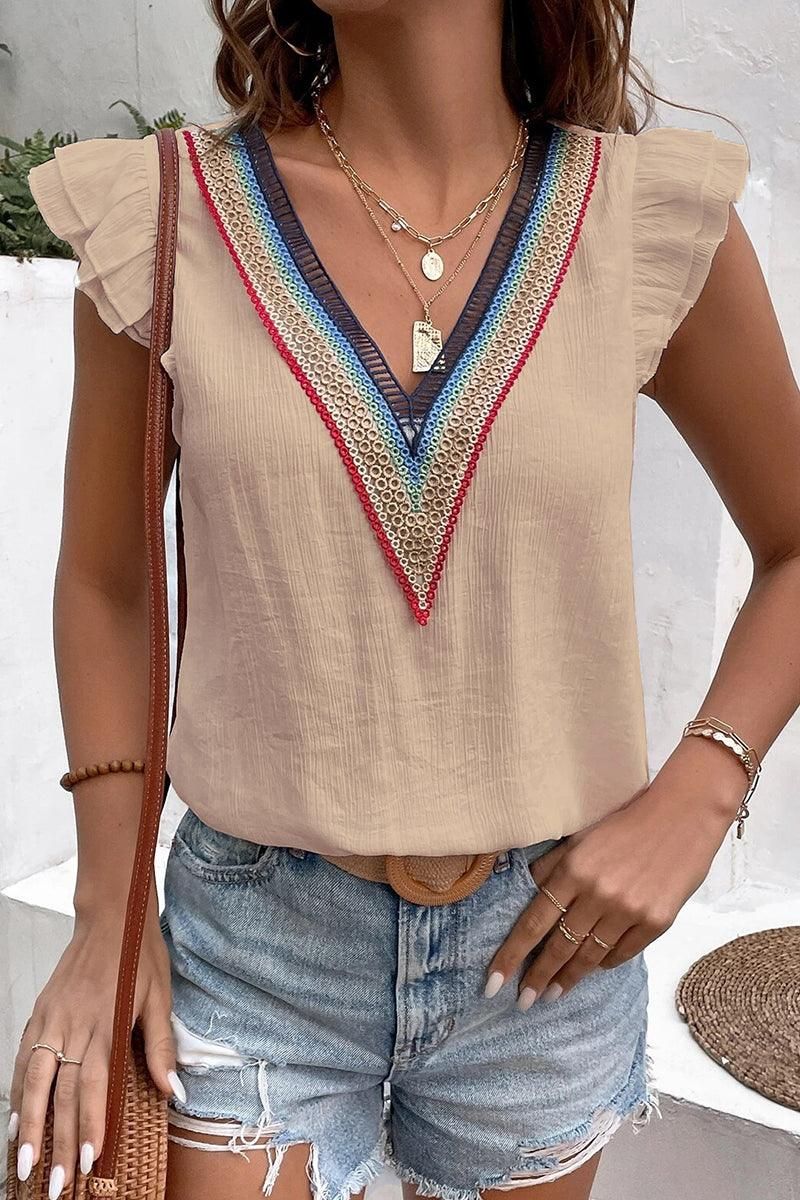 MULTICOLOR LACE V NECK RUFFLE SHORT SLEEVE TOP - Doublju