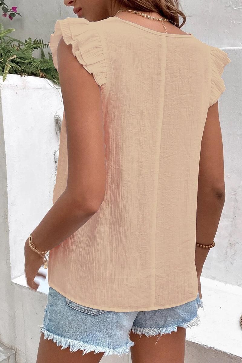 MULTICOLOR LACE V NECK RUFFLE SHORT SLEEVE TOP - Doublju