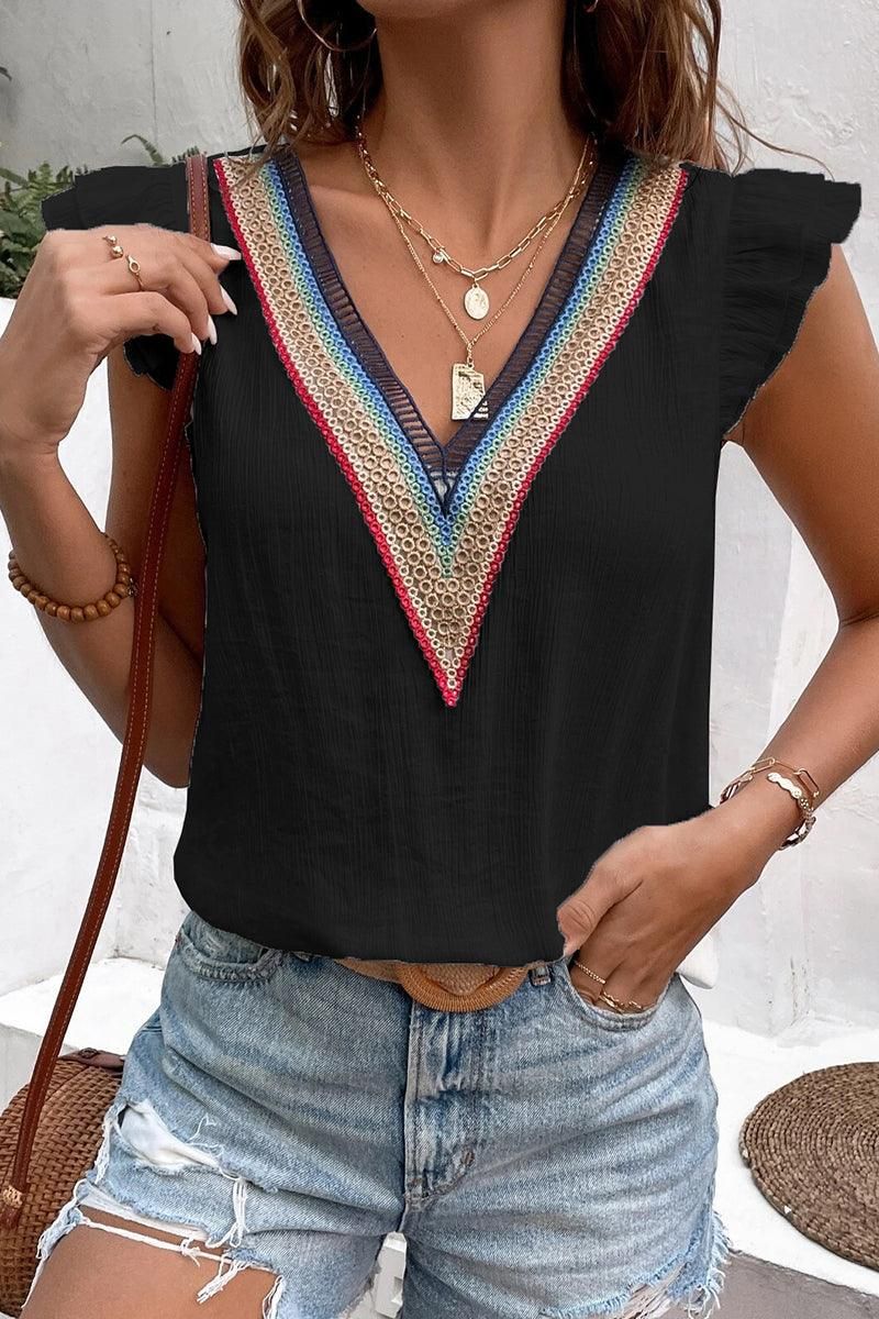 MULTICOLOR LACE V NECK RUFFLE SHORT SLEEVE TOP - Doublju