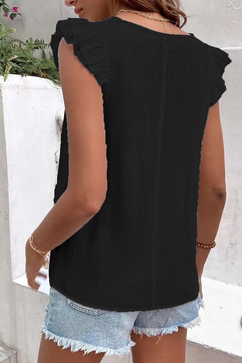 MULTICOLOR LACE V NECK RUFFLE SHORT SLEEVE TOP - Doublju