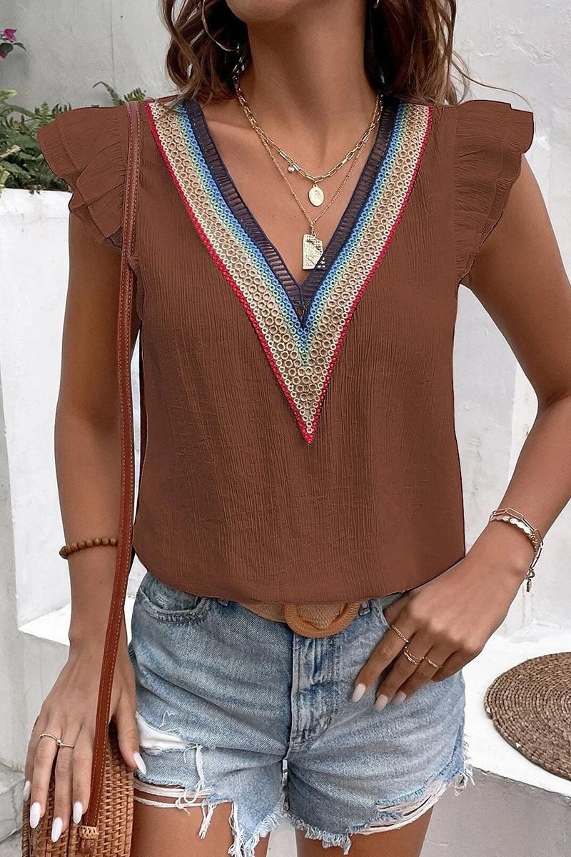 MULTICOLOR LACE V NECK RUFFLE SHORT SLEEVE TOP - Doublju