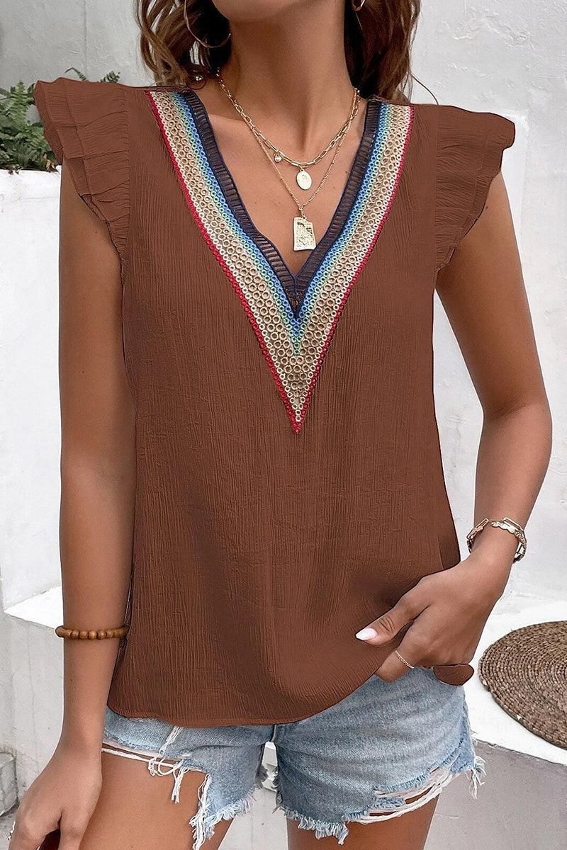 MULTICOLOR LACE V NECK RUFFLE SHORT SLEEVE TOP - Doublju
