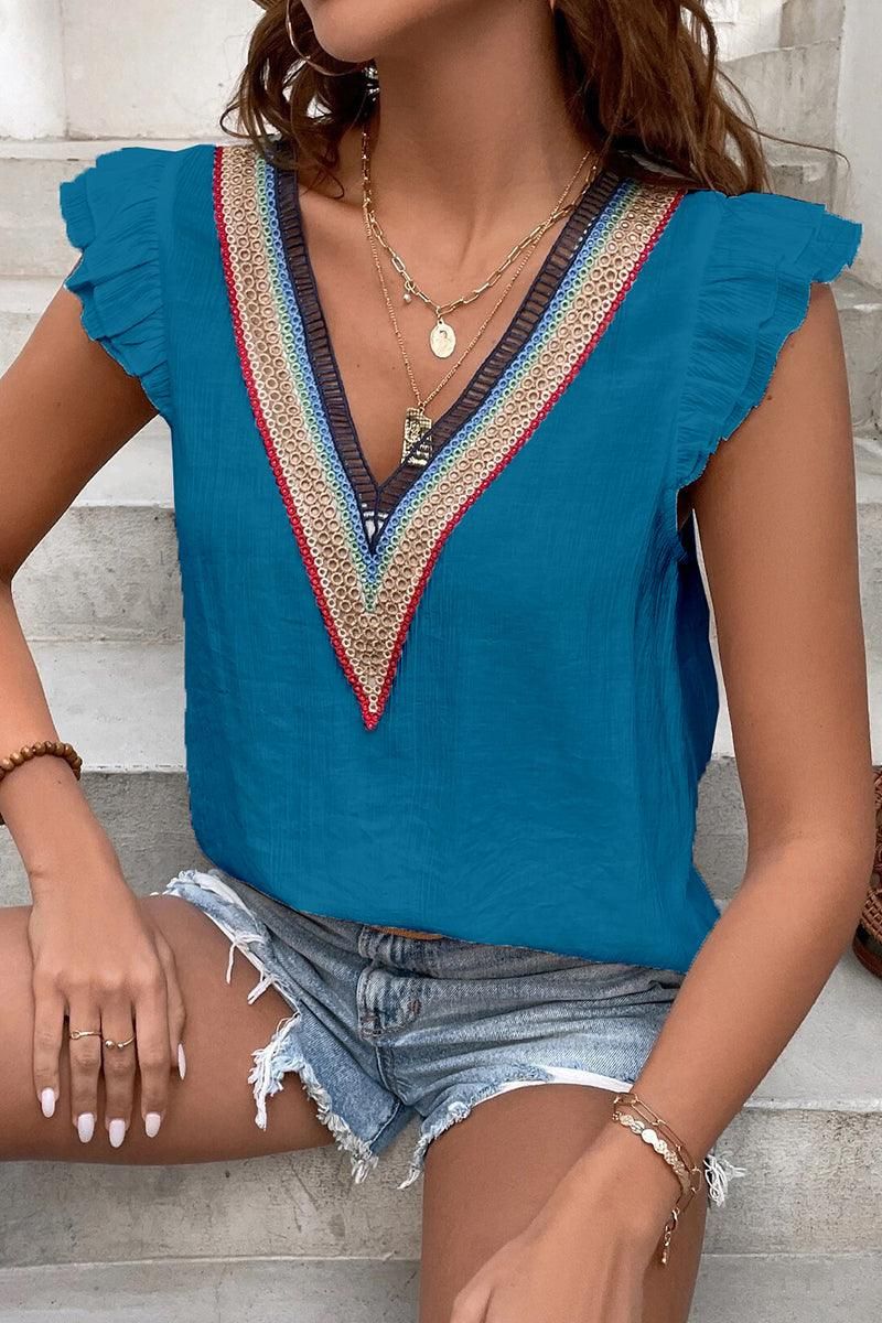 MULTICOLOR LACE V NECK RUFFLE SHORT SLEEVE TOP - Doublju