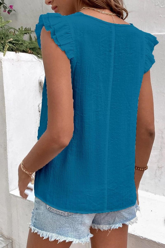 MULTICOLOR LACE V NECK RUFFLE SHORT SLEEVE TOP - Doublju