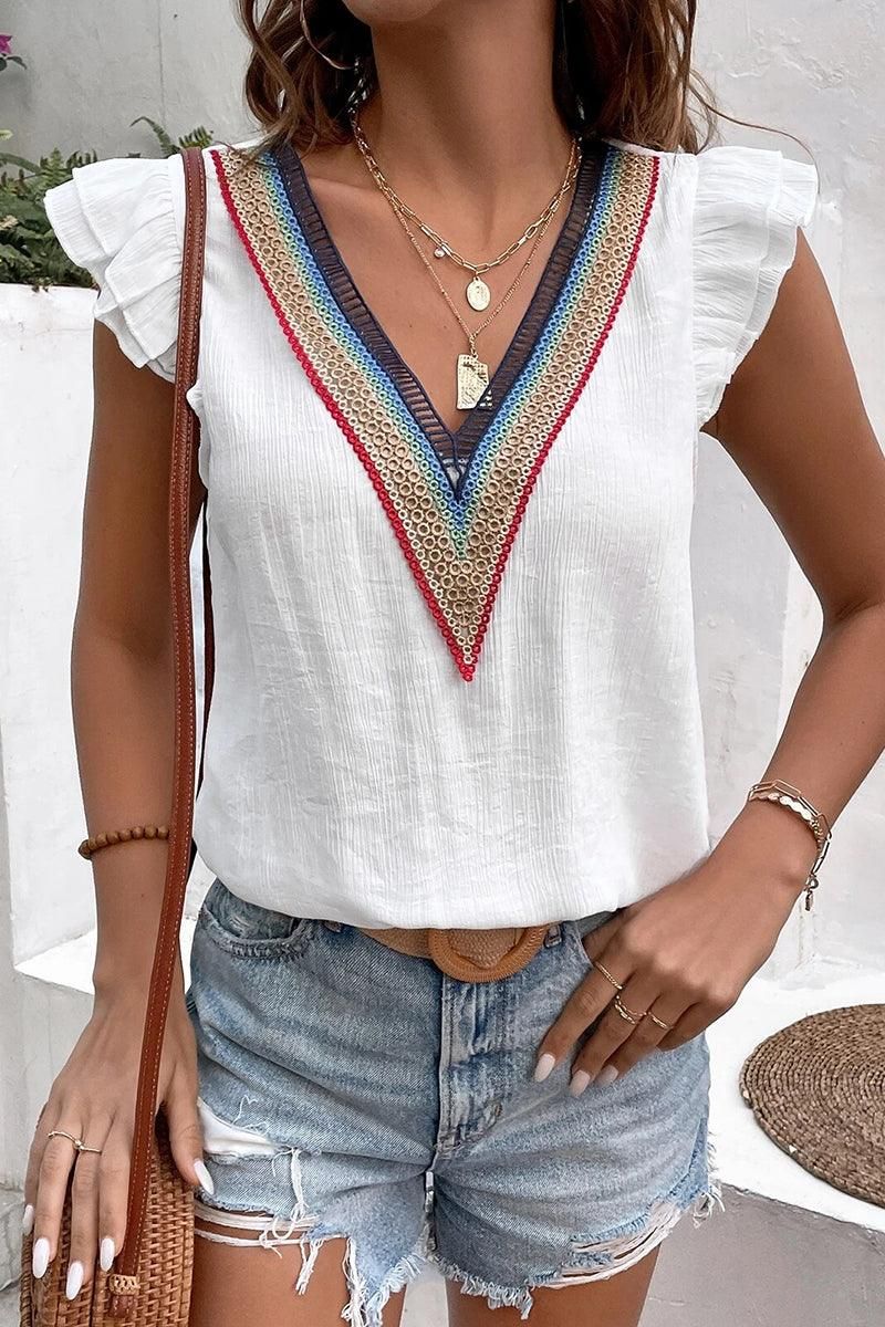 MULTICOLOR LACE V NECK RUFFLE SHORT SLEEVE TOP - Doublju