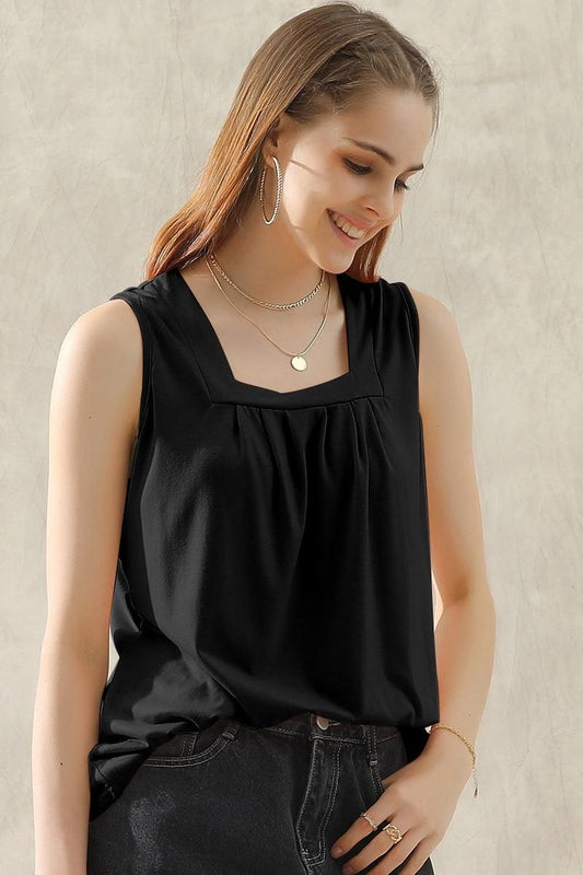 SQUARE NECK WRINKLED CHEST SLEEVELESS TOP - Doublju
