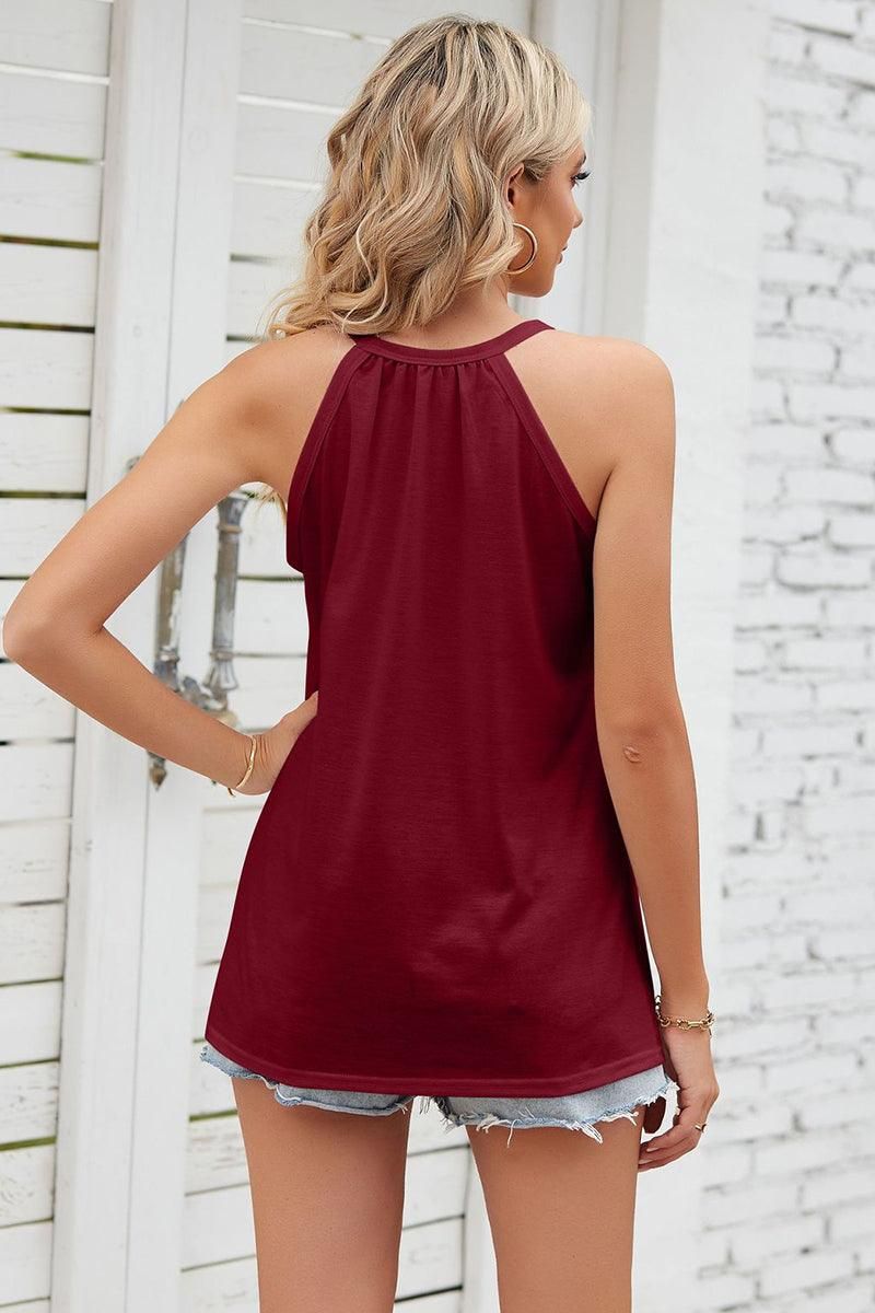 LACED NECK SLEEVELESS WOMEN T SHIRTS - Doublju