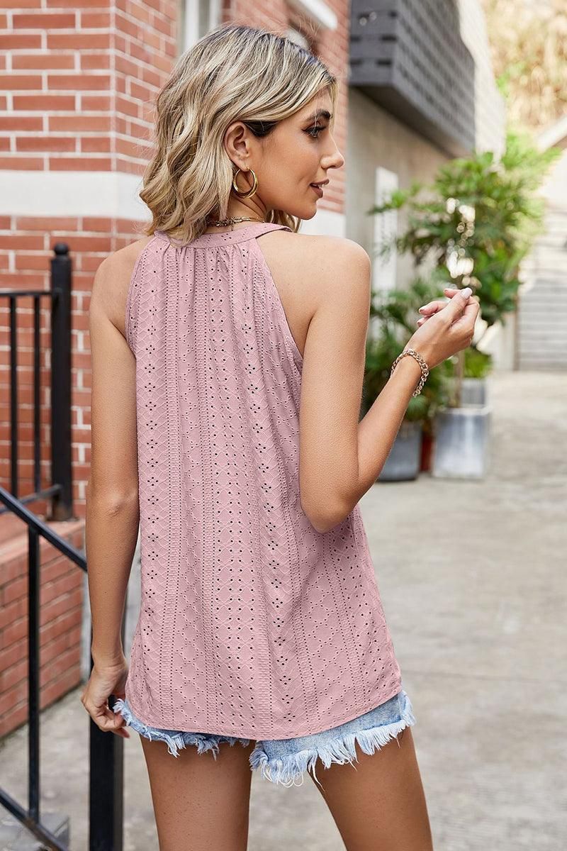 WOMEN TRENDY EYELET HALTER T SHIRTS - Doublju