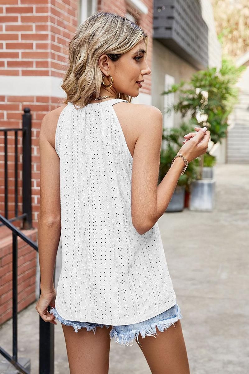 WOMEN TRENDY EYELET HALTER T SHIRTS - Doublju