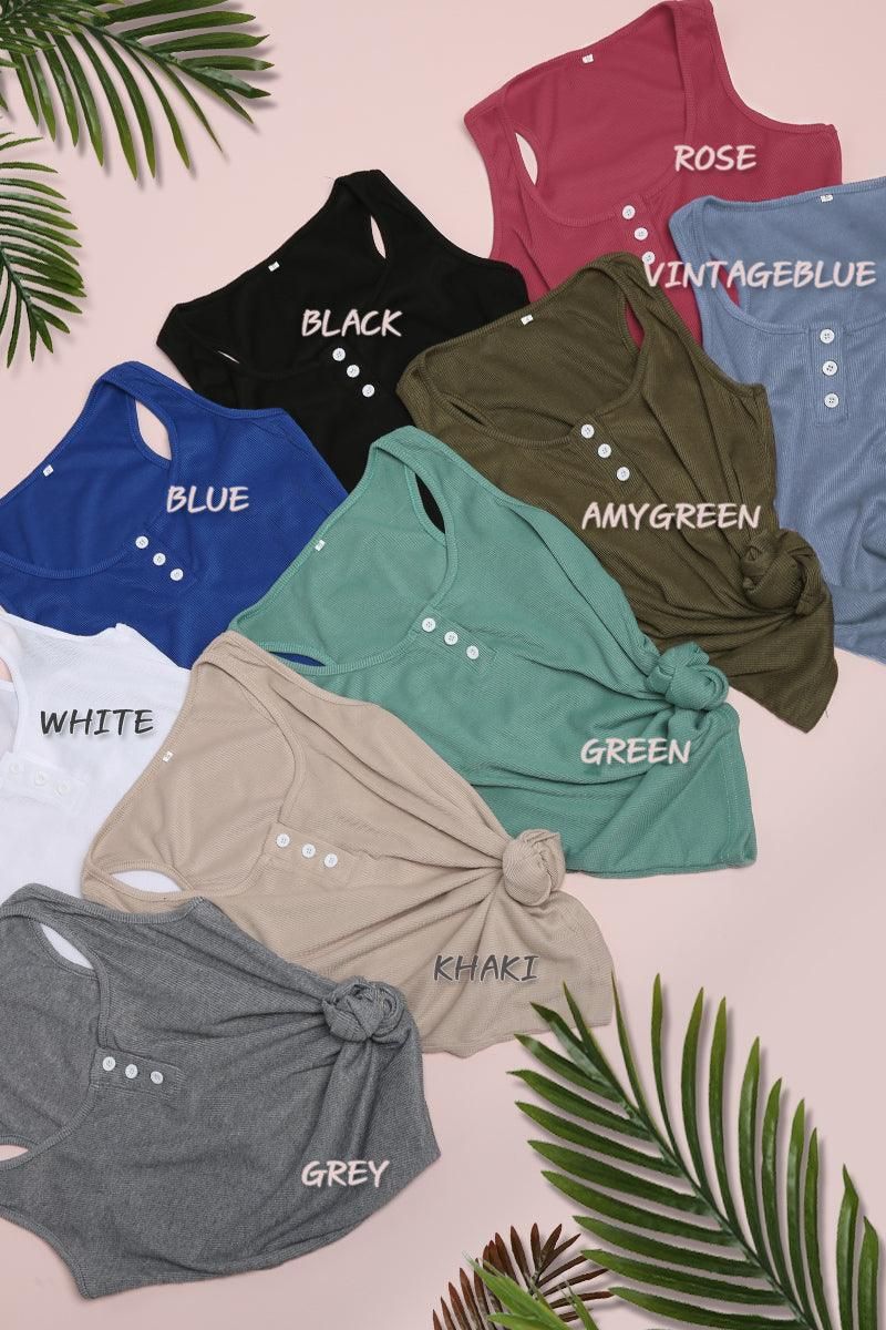 FITTED BASIC TANK TOP WITH FRONT BUTTON DETAIL - Doublju