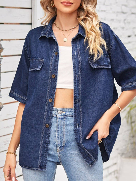 DENIM SINGLE BREASTED SHORT SLEEVE CASUAL SHIRT_CWTSTS0247