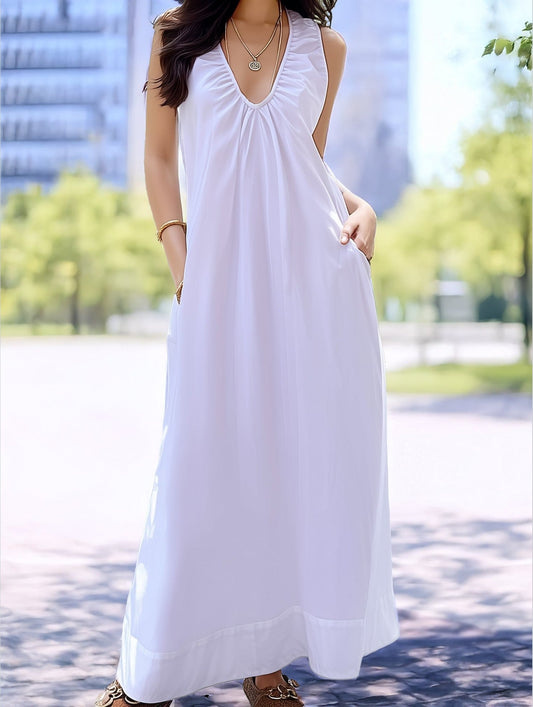 Seaside Vacation Sleeveless U-Neck Maxi Dress ??Flowy Resort Style