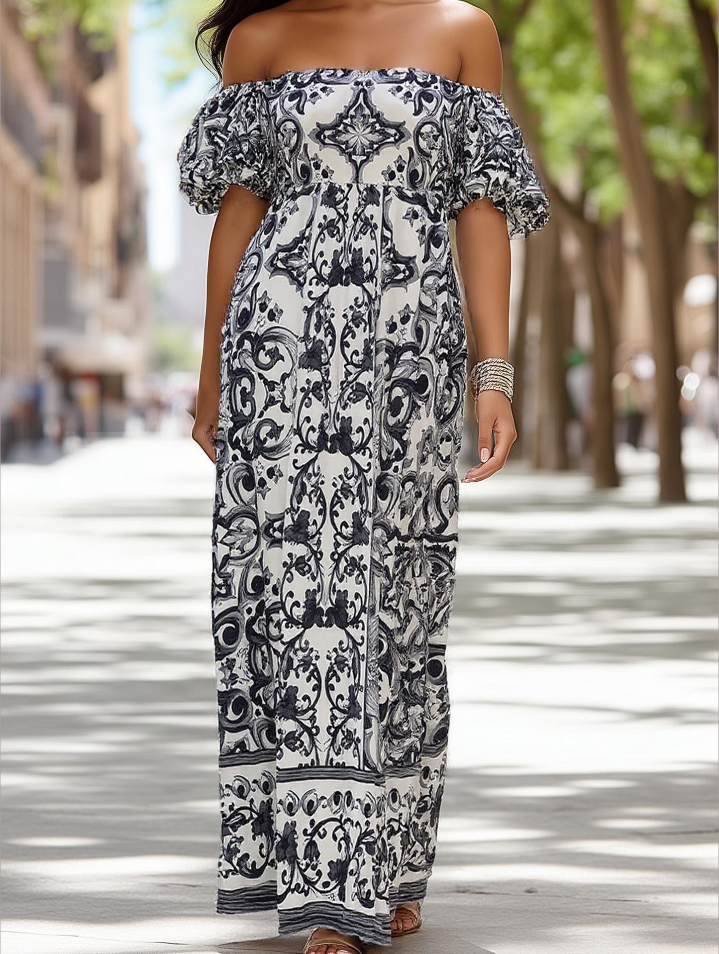 Bohemian One-Shoulder Maxi Dress ??Printed Flowy Summer Dress
