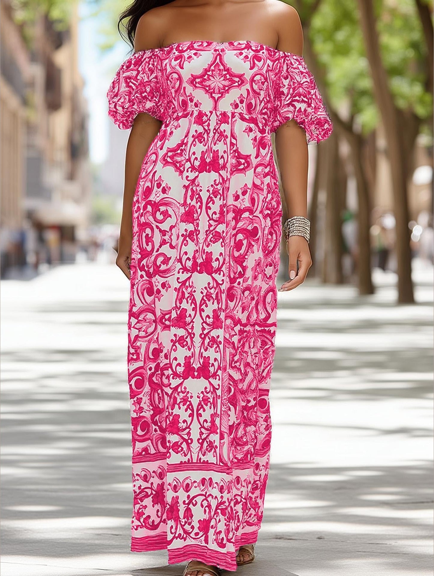 Bohemian One-Shoulder Maxi Dress ??Printed Flowy Summer Dress