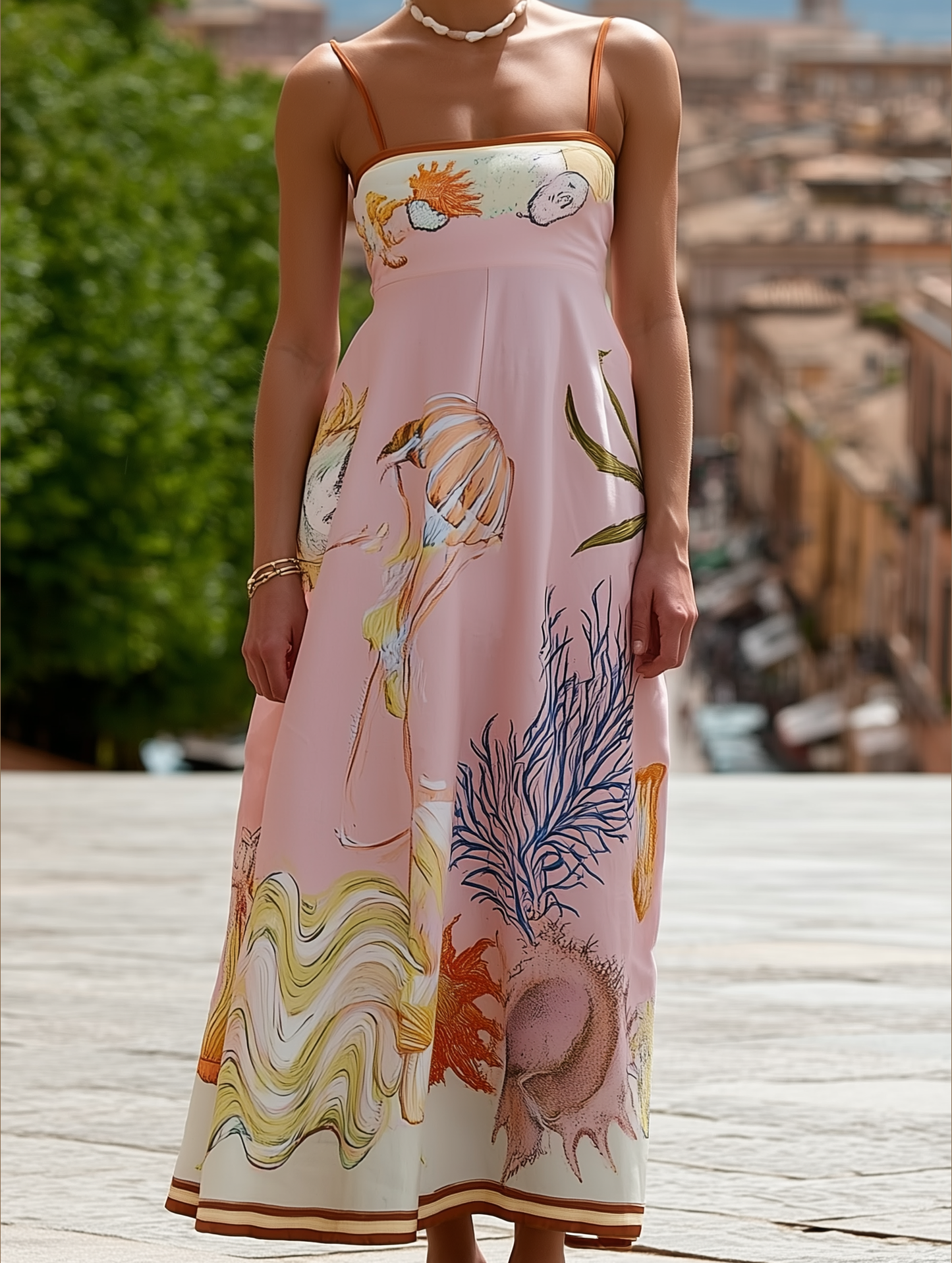 Vilamoura Marine Print Strappy Swing Sundress in Pink ??Summer Flowy Sleeveless Dress