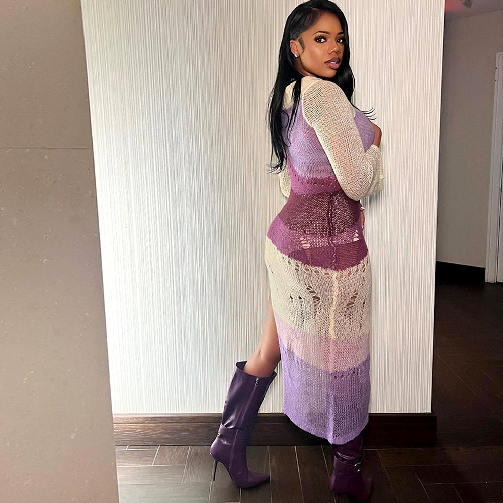 Long Sleeve Multi Printed Knitted Casual Midi Dress