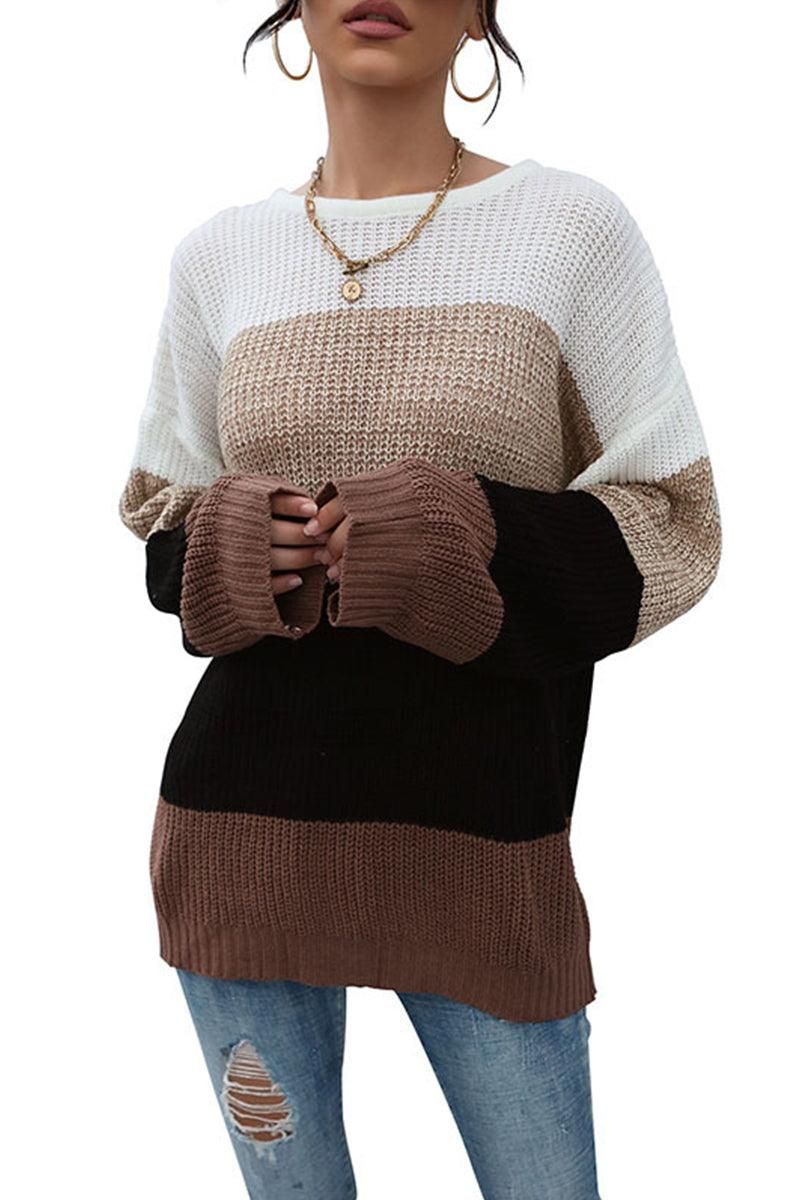 LOOSE FIT COLOR BLOCK KNITTED SWEATER - Doublju