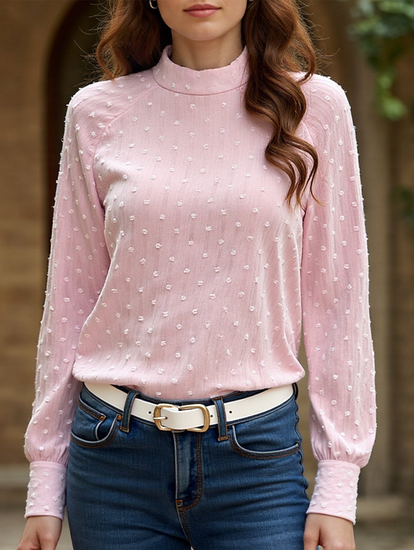Gentle Style Pink Polka Dot Long Sleeve Sheer Top
