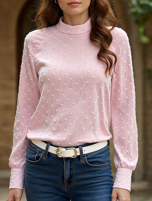 Gentle Style Pink Polka Dot Long Sleeve Sheer Top