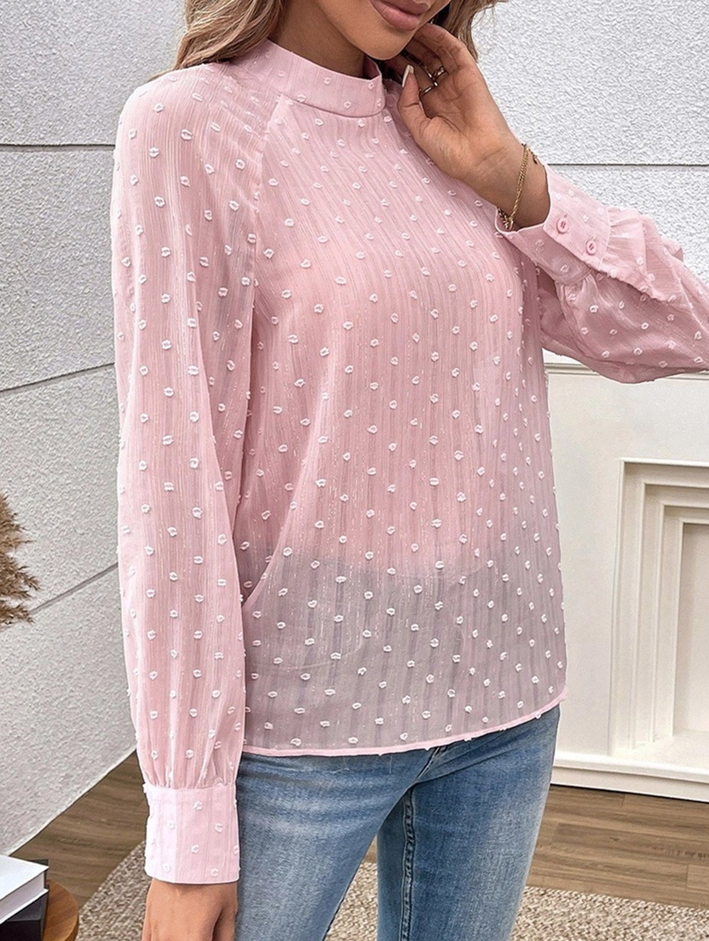 Gentle Style Pink Polka Dot Long Sleeve Sheer Top