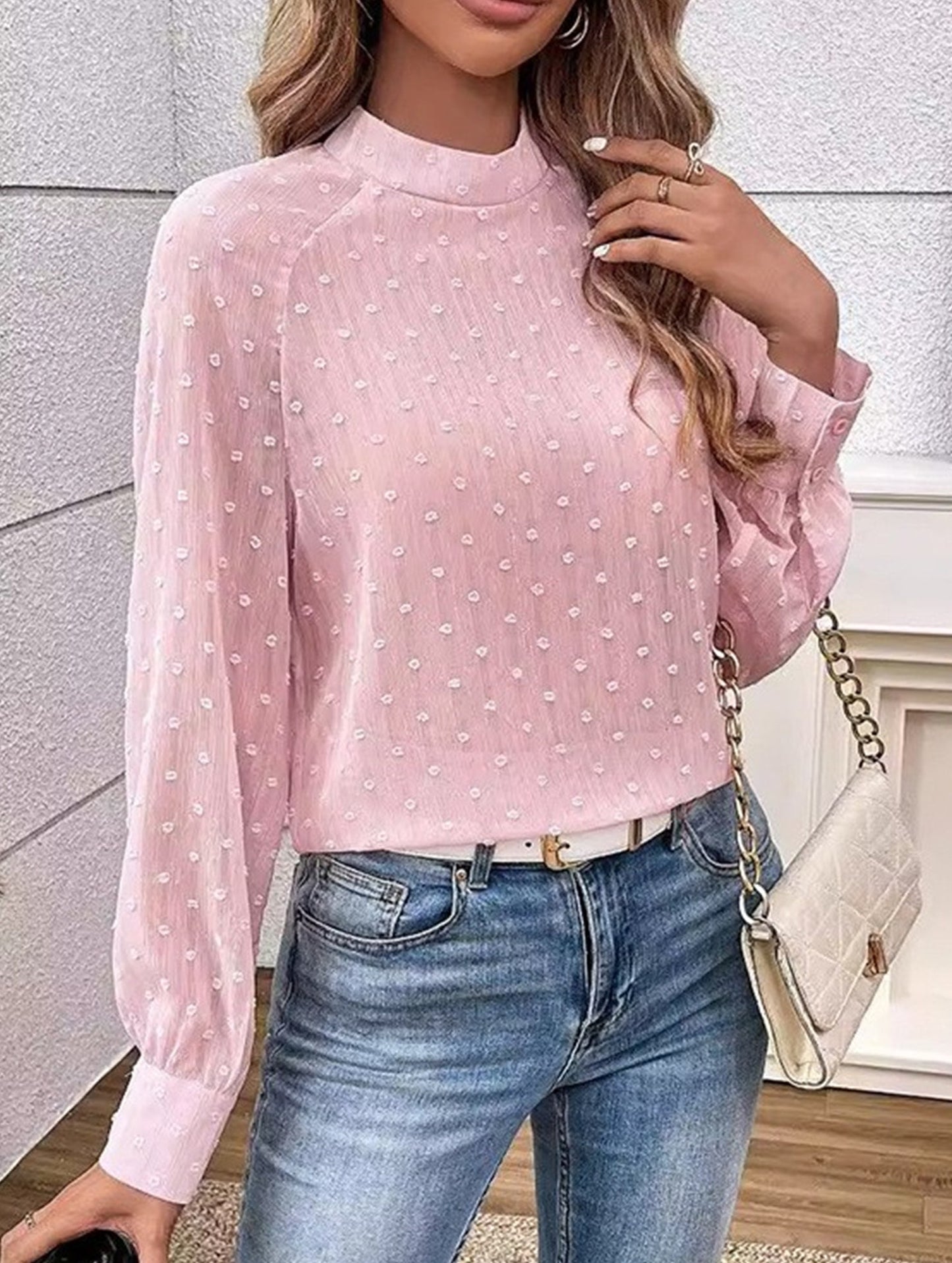 Gentle Style Pink Polka Dot Long Sleeve Sheer Top
