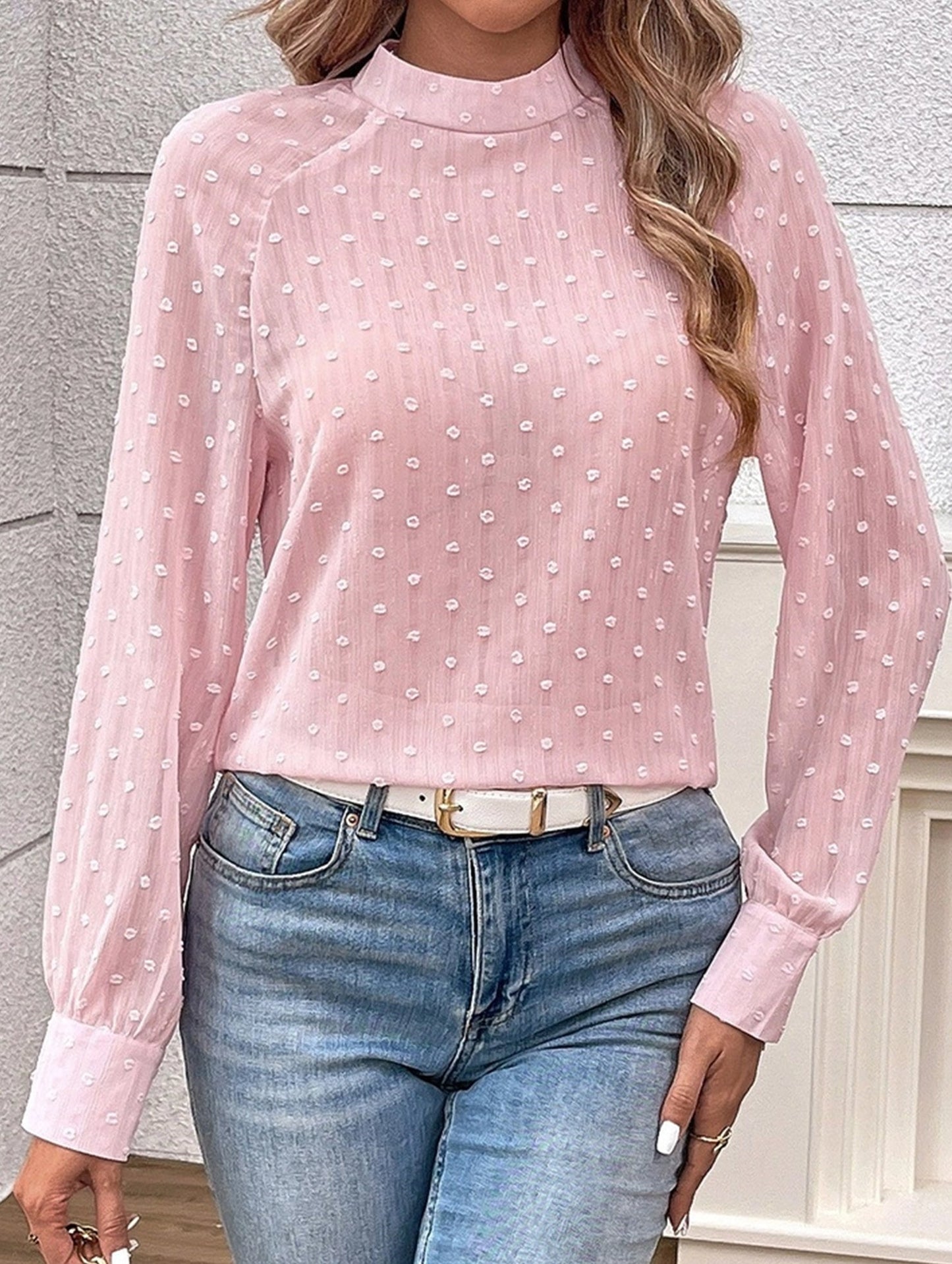 Gentle Style Pink Polka Dot Long Sleeve Sheer Top